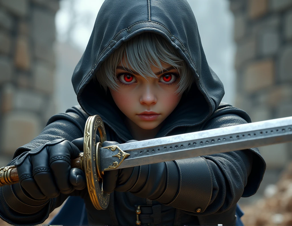 Short grey hair、Red Eyes、A fearless face、Black clothing with leather hood、Wearing gloves、Holding a medieval sword、One caucasican boy Swordsman、12 year、combat style