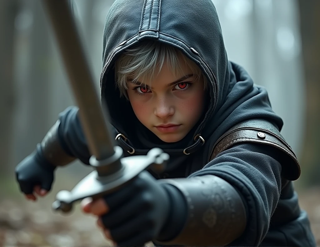 Short grey hair、Red Eyes、A fearless face、Black clothing with leather hood、Wearing gloves、Holding a medieval sword、One caucasican boy Swordsman、、combat style