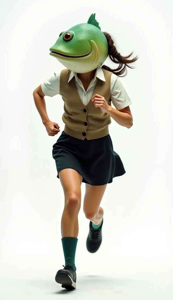 ((Highest quality)), ((photorealistic, hyperrealistic photo, portrait)), (front), (smile), (The upper half of the pufferfish is green.), A pufferfish with a very realistic head, A woman with a human body, She is wearing an off-white collared short-sleeved shirt, a light brown vest, a knee-length black skirt, dark green socks, and black shoes., Running at full speed, Background is white, Photorealistic images,