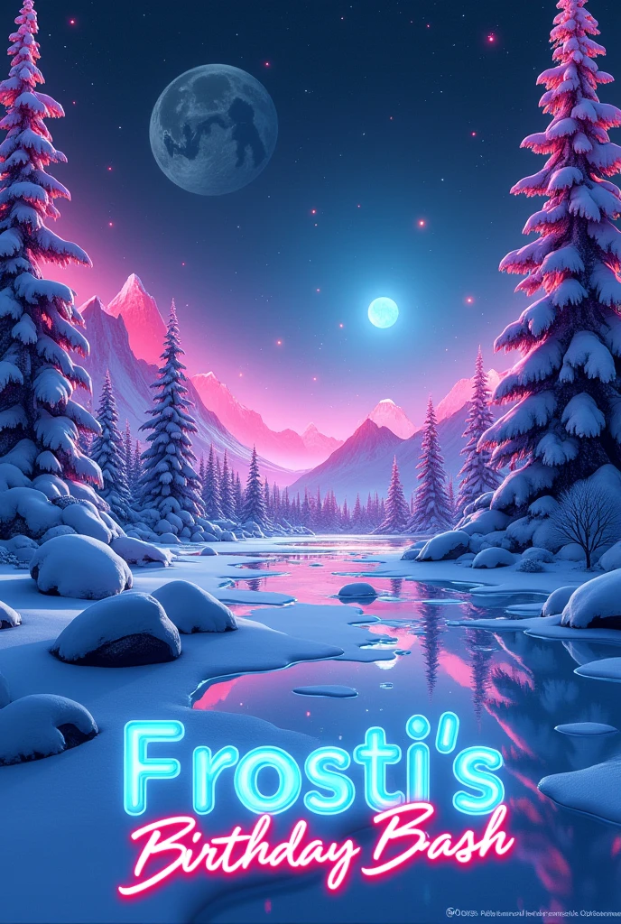 I need a 80s styled, sythwave artwork poster, without people, which has a neon winter theme, put a logo on the bottom of the arwork, the logo Text should look like if it's made out ice: FROSTI'S BIRTHDAY BASH. Do not forget the logo.