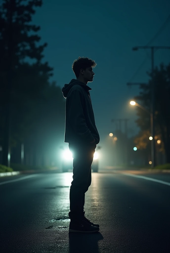 Generate a image of a young guy standing on the road in the night and vehicle is moving and it looks like sometimes ago raining