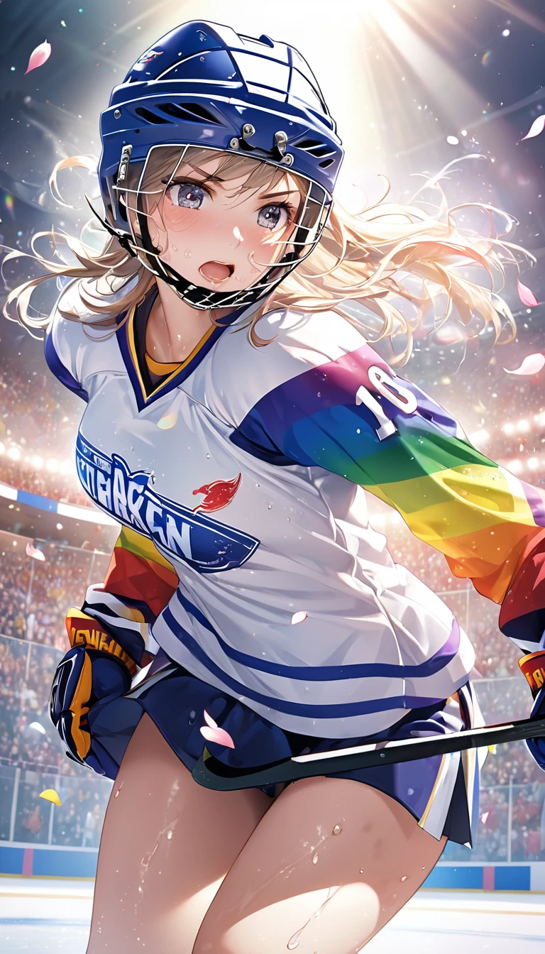 (Sports magazine cover photo), Highest quality, Great quality, 16K, Unbelievably absurd, Very detailed, delicate and dynamic, Natural light, The particles reflect light, Diffuse reflection of light, Many rainbow-colored petals fall, Beautiful hall, Sparkling Sun, Diffuse reflection of light, Create amazing image effects, Hockey girl, Wet, sweating, Ice hockey, Holding hockey stick, Close-up(Cute sexy girl, big bouncing busts, Sensual expression, Cool girl, Serious, passion, Dynamic, Flashy hockey uniform, ,ice hockey helmet, Face guard, audience ,much-air-laden cheer)