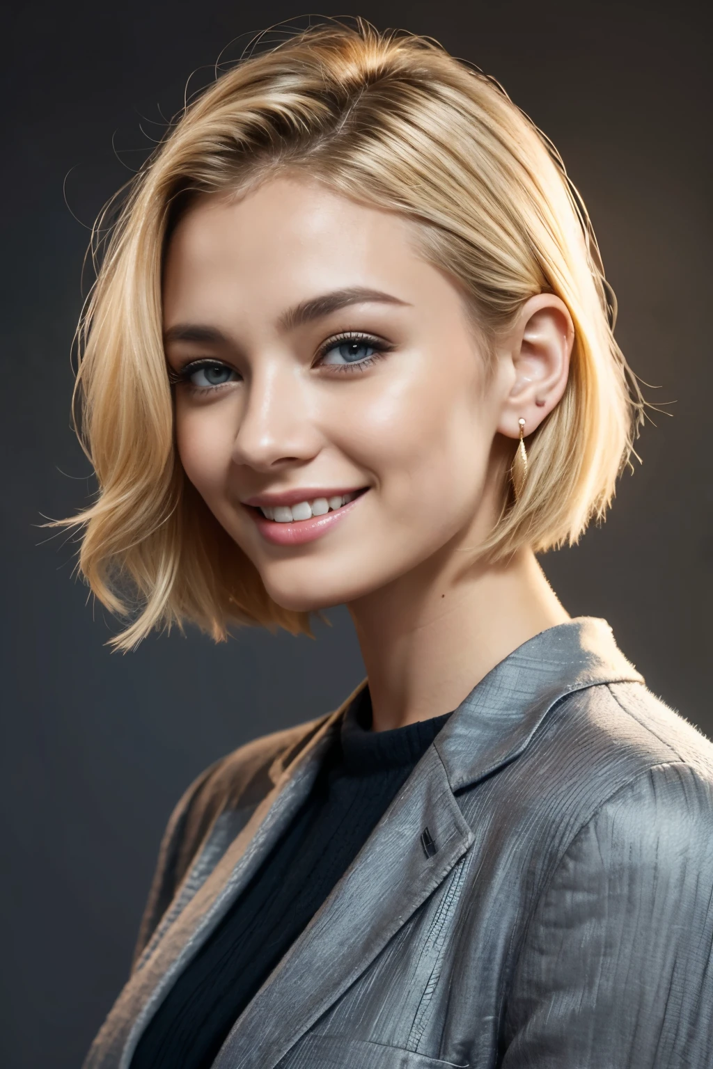 Blonde Caucasian Woman, Short Hairstyles, Wavy Hair, smile、Ear piercing、necklace、Wearing a beautiful suit with a classic cut, The background is a town street