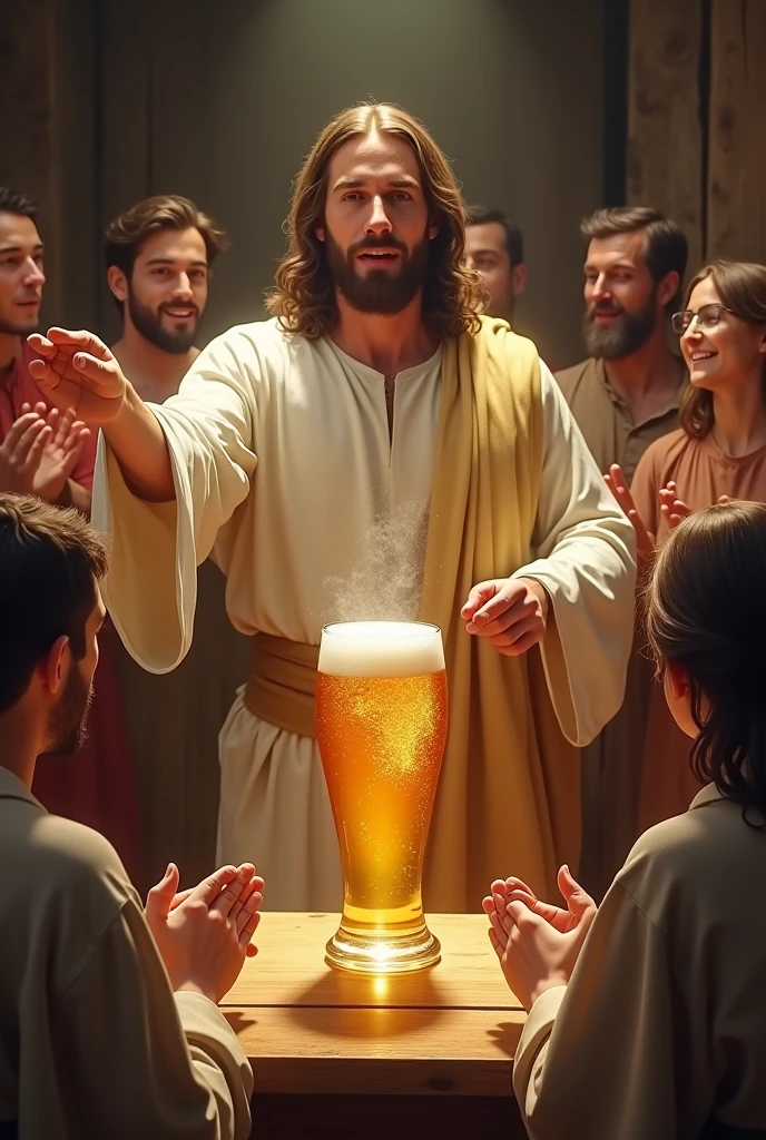 Jesus turning a glass of water into beer(being applauded for the feat)