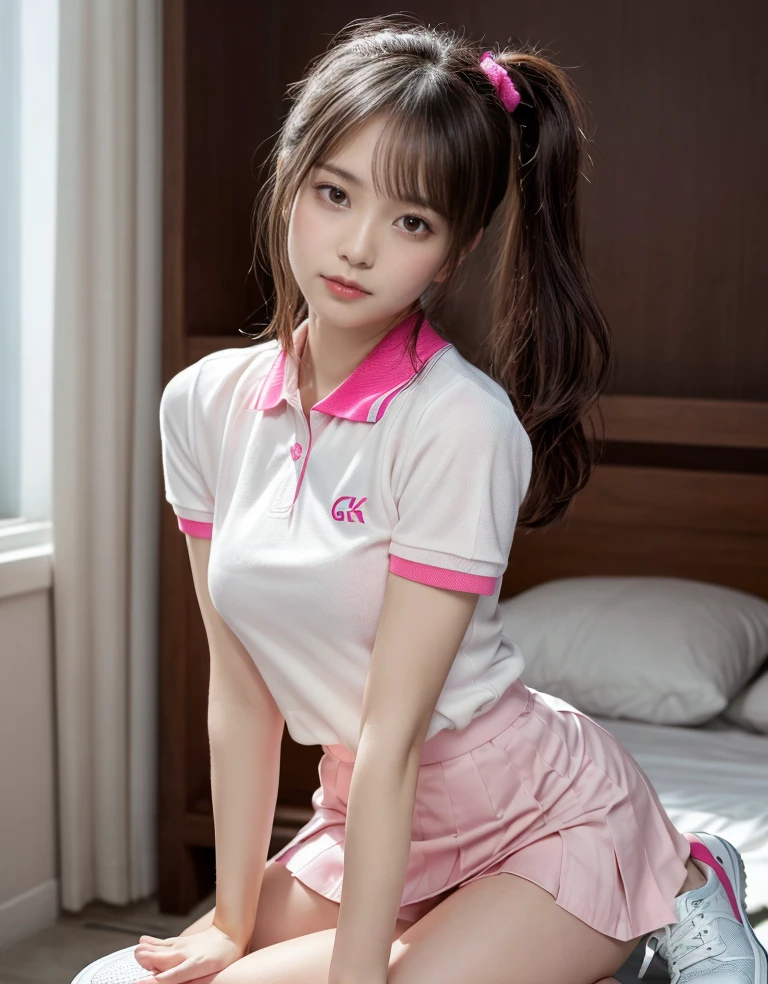 (absurdres:1.3), (highres:1.3), (ultra detailed:1.3),(1girl:1.3), (extremely detailed CG unity 8k wallpaper:1.3), (detailed skin texture, detailed cloth texture, detailed hair texture), (beautiful detailed face, supermodel, pale skin, realistic glistening skin), (RAW photo, best quality), (realistic, photo-realistic:1.4), masterpiece, extremely delicate and beautiful,Amazing, finely detail, extremely detailed CG unity 8k wallpaper, huge filesize, ultra-detailed, highres, absurdres, soft light,rim light, vibrant details, hotel room, straight hair, large breasts, black hair color, Big Natural Color Lip, (perfect body shape), beautiful legs, BREAK (white theme:1.4), (tucked-out short sleeve white polo shirt:1.4), (pink lines on tops outline:1.3), (pure white pleated mini skirt:1.3), (hem of top covers top half of skirt:1.3), (pink fluffy scrunchie on wrist:1.3), (white and pink sports shoes:1.2), crying a little、little smile, Harajuku style、20 year old girl、cute type、lolita、standing