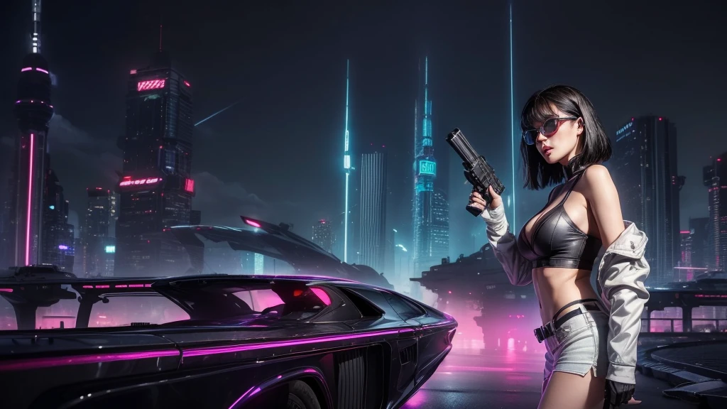 (Wide angle view). Blade Runner style futuristic city, simple outlined transparent neon tall buildings, glowing giant clock tower, flying cars, helicopter, lightning, 3D rendering Beeple. At night, (1girl, solo, alone), photorealistic, medium-breast slim:0.6 body, oval:0.6 face, cleavage:1.1, sexy black laced bra, glove, deep-V, (very low angle view of miniskirt), white laced panty, coat, (Matrix style black micro sunglasses), ((aiming viewer with a short gun)), (running pose), (half-body thigh level close-up shot), cinematic lighting, ray tracing.