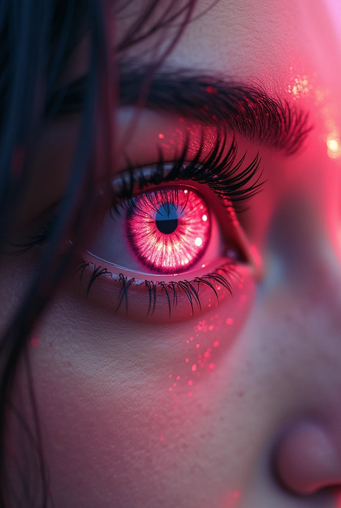 In a woman&#39;s pink eye, reflection of the dragon burning the city