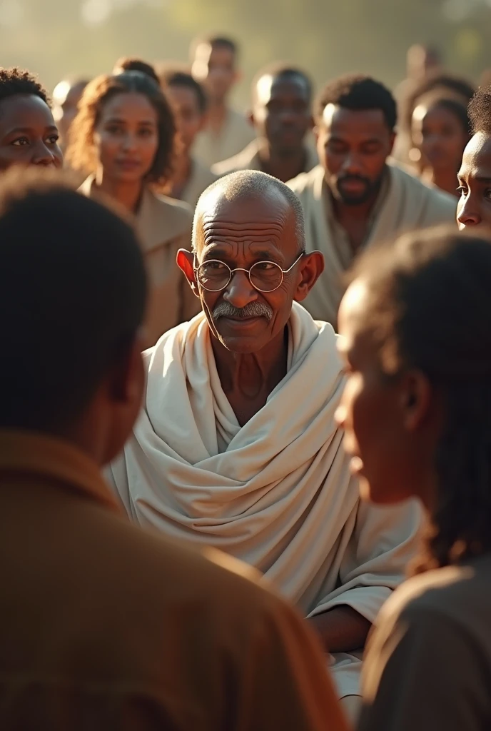 /imagine prompt: 2d, personality: [Show a reflective Gandhi in South Africa, surrounded by diverse individuals. He is engaged in a discussion about civil rights, his face illuminated with passion while others around him exhibit a range of reactions from agreement to skepticism, emphasizing the importance of unity in diversity]unreal engine, hyper real --q 2 --v 5.2 --ar 16:9