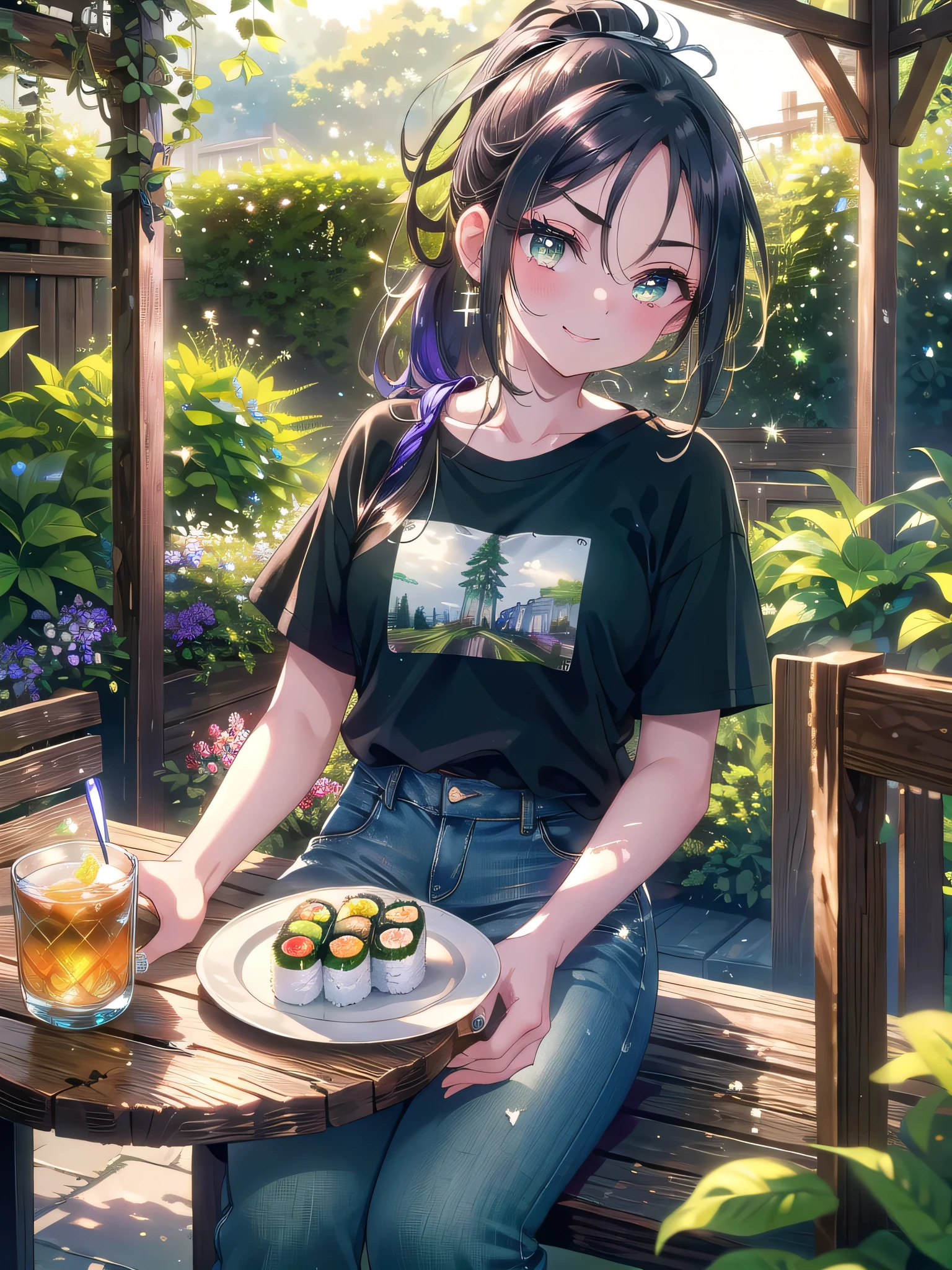 ((8k, Highest quality, masterpiece: 1.3)),Ultra-high resolution,(1 girl, alone), (Color changing eyes, Ultra-detailed, Expressive brilliance, Glitter, Glowing Eyes), Highly detailed eyes, Highly detailed face, Random Hair, ((pastel colour)Seated at a rustic wooden table on the patio of a quiet garden café, the woman has a small plate of sushi rolls in front of her, accompanied by a cup of green tea. She’s wearing a simple, fitted t-shirt and light, cropped jeans, her hair pulled back into a casual ponytail. The surrounding greenery is lush, with vines creeping up the trellis and flowers blooming in the background. She looks at the camera with a playful smirk, her eyes sparkling with mischief as she teases her boyfriend, one eyebrow raised in challenge.