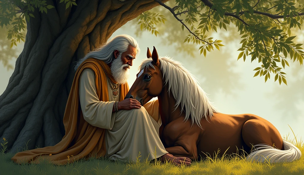 Final Moments Together**: The sage sitting beside Ashvak, gently stroking his mane, as the horse lies peacefully under the tree, their bond evident in the quiet moment.