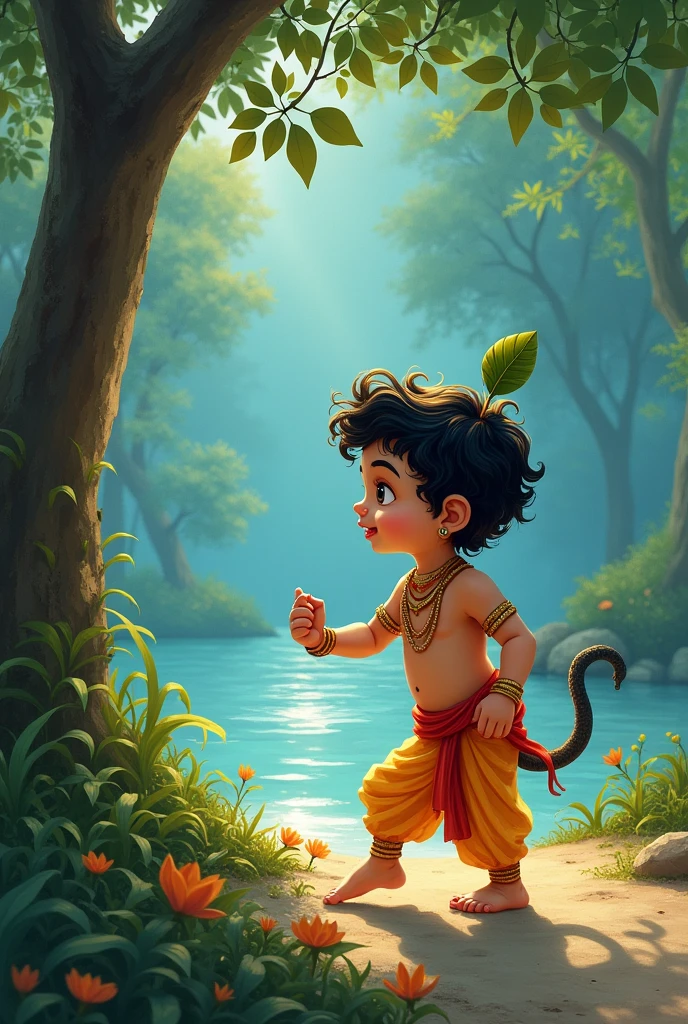 छोटा कृष्ण एक चंचल और शरारती बच्चा था, जिसे उसके गाँव वृन्दावन में हर कोई प्यार करता था। अपनी आँखों में चमक और दिलों को पिघला देने वाली मुस्कान के साथ, उन्होंने अपने दिन अपने दोस्तों और गाँव की हरी-भरी हरियाली के बीच बिताए।
एक धूप भरी दोपहर में, कृष्ण और उनके दोस्त यमुना नदी के पास खेल रहे थे। अचानक, उन्होंने ग्रामीणों को एक भयानक नाग, कालिया के बारे में बात करते हुए सुना, जिसने अपने जहर से नदी को जहरीला बना दिया था। ग्रामीण भयभीत थे, किसी को भी पानी के पास जाने की हिम्मत नहीं हो रही थी।
अपने लोगों को बचाने के लिए दृढ़ संकल्पित कृष्ण ने कालिया से मुकाबला करने का फैसला किया। निडर संकल्प के साथ, उसने नदी में छलांग लगा दी, जिससे पानी में भयंकर हलचल होने लगी। उपद्रव से क्रोधित सांप फुंफकारते हुए गहराई से बाहर आया और हमला करने के लिए तैयार हो गया। लेकिन कृष्ण ने अपनी दिव्य शक्ति और चपलता के साथ, कालिया के कई सिरों पर नृत्य किया, और नाग को आसानी से वश में कर लिया।
कालिया ने कृष्ण की दिव्यता को महसूस करते हुए दया की भीख मांगी। कृष्ण ने साँप के जीवन को बख्श दिया, और उसे हमेशा के लिए यमुना छोड़ने का आदेश दिया। नदी फिर से शुद्ध हो गई, और ग्रामीणों ने कृष्ण को अपने उद्धारकर्ता के रूप में प्रशंसा करते हुए खुशी मनाई। उस दिन से, छोटे कृष्ण केवल एक चंचल बच्चे नहीं थे, बल्कि एक रक्षक थे, जो पूरे वृन्दावन के प्रिय थे।