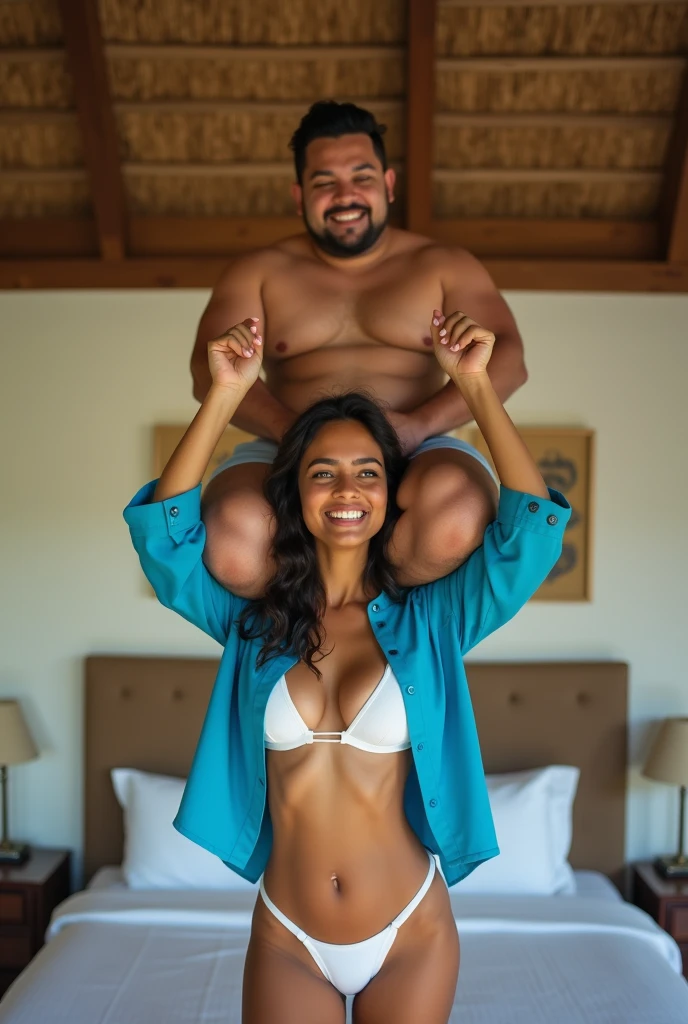 Beautiful and Slim Indian woman in blue blouse bikini  lifting a large chubby fat man above her shoulders, man is sitting on woman's shoulders, in a bedroom with high ceiling, natural smile, woman is looking into the camera , she is holding his hands, full body image 