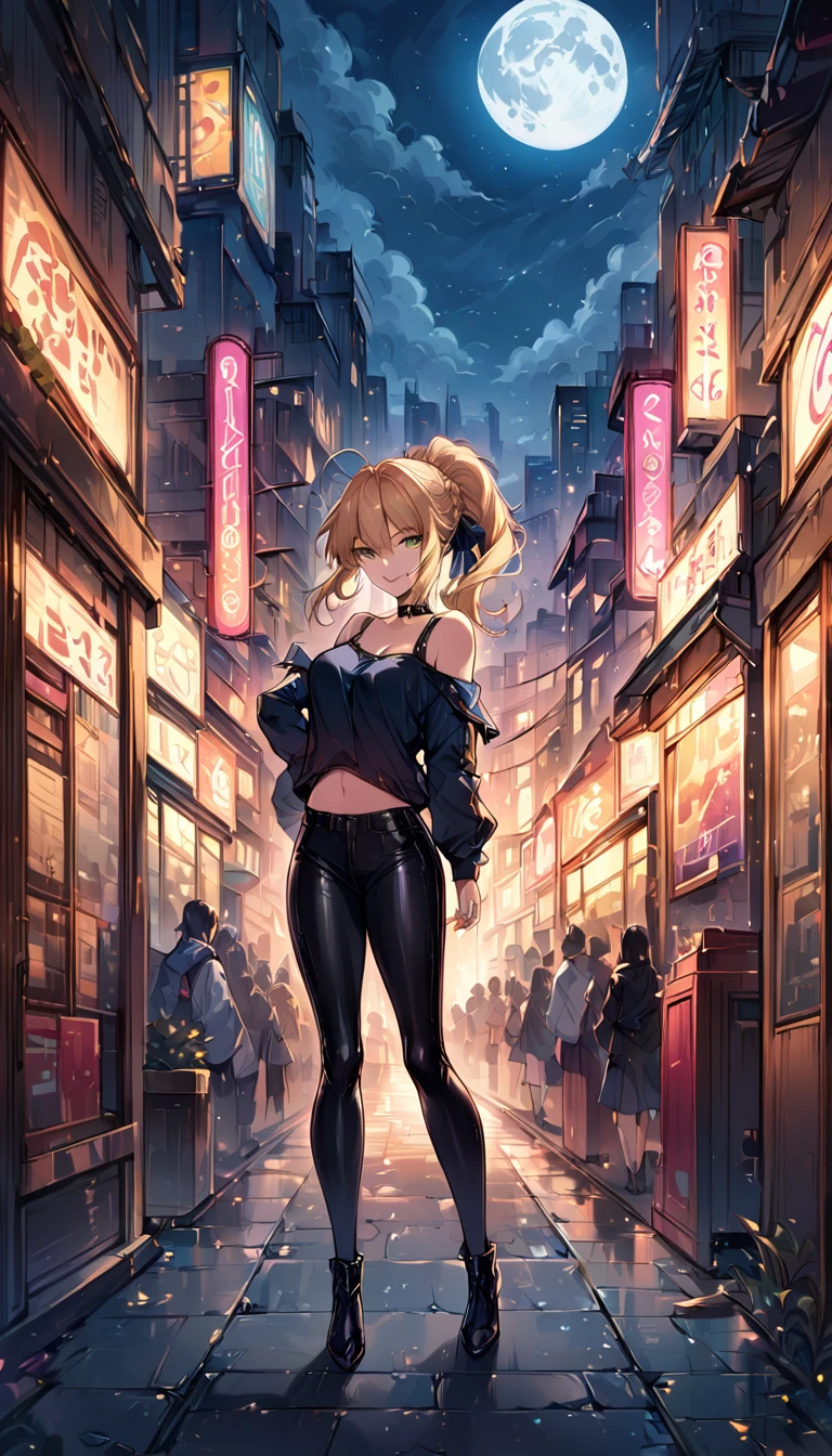 score_9, score_8_up, score_7_up, score_6_up, rating_safe, source_anime, BREAK beautiful Artoria Pendragon (blonde, braid, ribbon, hair ribbon:1.2), sexy smirk, BREAK tight pants, off the shoulder top, high hees, choker, BREAK walking in downtown Tokyo, neon lights, Extremely detailed Artgerm, Artgerm on ArtStation Pixiv, BREAK Epic light novel art cover, gorgeous female, trending on artstation pixiv, BREAK midnight, full moon, shallow depth of field, BREAK highly detailed, bokeh, moody, epic, gorgeous, grainy, BREAK (ultra-detailed), (best illustration), (best shadow), (absurdres), (detailed background), (very aesthetic).