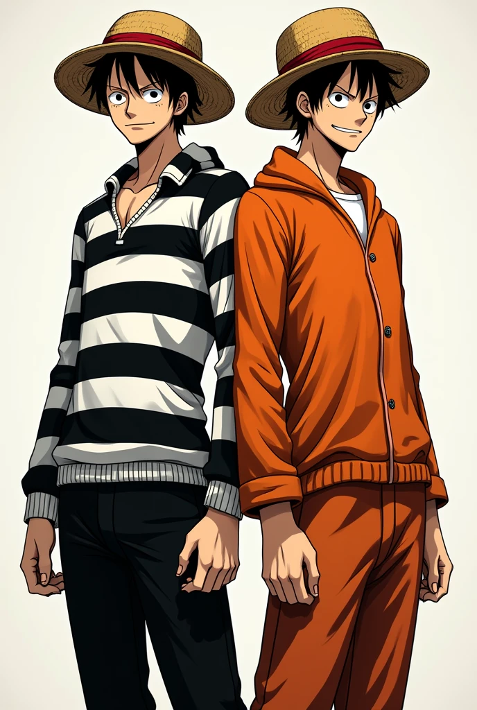 Monkey D. Luffy in a black and white striped long-sleeved prison uniform and Monkey D. .... Luffy in orange long-sleeved prison uniform