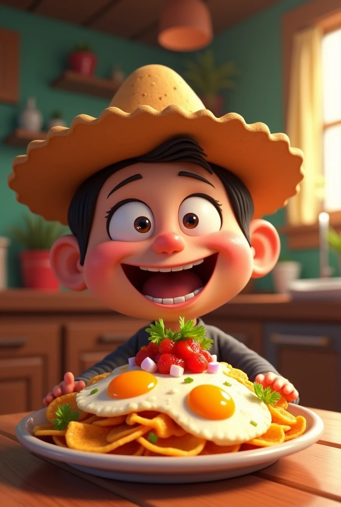 Cartoon wearing a hat and tasting chilaquiles