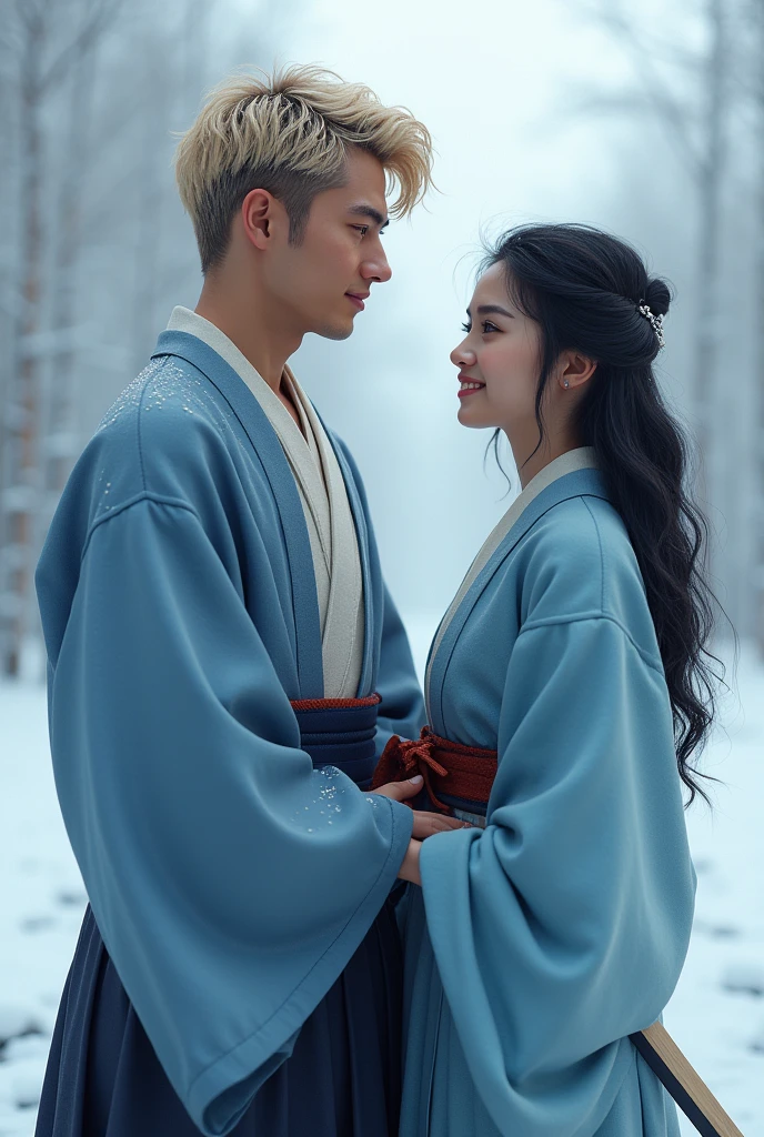 The husband is a young man in his 20s who looks like an athlete., A masculine body., Side-swept blonde curly hair, This is a big attraction for women., Sharp gaze and blue eyes, Athletic physique and perfect posture,Kendo uniform、Japanese sword、Winter in Japan、snow、dream-like、High resolution、3D、A fleeting smile、white、American wife is Japanese in her 20s、Long black hair、Wavy Hair、Light blue kimono、Smiling silently