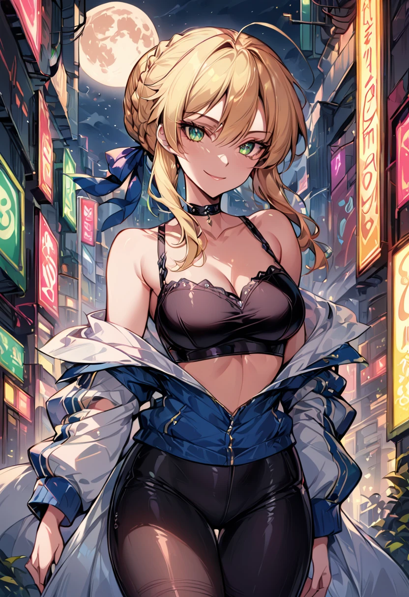 score_9, score_8_up, score_7_up, score_6_up, rating_safe, source_anime, BREAK beautiful Artoria Pendragon (blonde, braid, ribbon, hair ribbon:1.2), sexy smirk, BREAK tight pants, off the shoulder top, high hees, choker, BREAK walking in downtown Tokyo, neon lights, Extremely detailed Artgerm, Artgerm on ArtStation Pixiv, BREAK Epic light novel art cover, gorgeous female, trending on artstation pixiv, BREAK midnight, full moon, shallow depth of field, BREAK highly detailed, bokeh, moody, epic, gorgeous, grainy, BREAK (ultra-detailed), (best illustration), (best shadow), (absurdres), (detailed background), (very aesthetic).