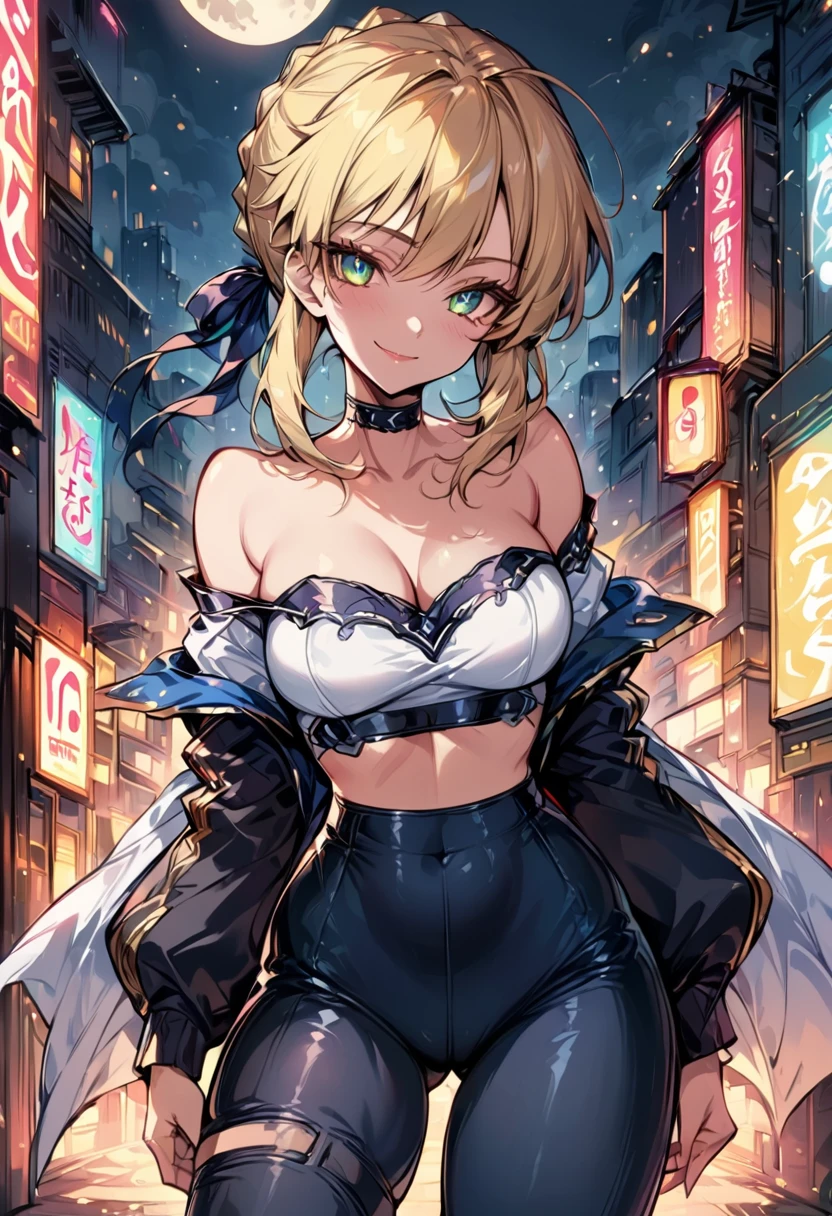 score_9, score_8_up, score_7_up, score_6_up, rating_safe, source_anime, BREAK beautiful Artoria Pendragon (blonde, braid, ribbon, hair ribbon:1.2), sexy smirk, BREAK tight pants, off the shoulder top, high hees, choker, BREAK walking in downtown Tokyo, neon lights, Extremely detailed Artgerm, Artgerm on ArtStation Pixiv, BREAK Epic light novel art cover, gorgeous female, trending on artstation pixiv, BREAK midnight, full moon, shallow depth of field, BREAK highly detailed, bokeh, moody, epic, gorgeous, grainy, BREAK (ultra-detailed), (best illustration), (best shadow), (absurdres), (detailed background), (very aesthetic).