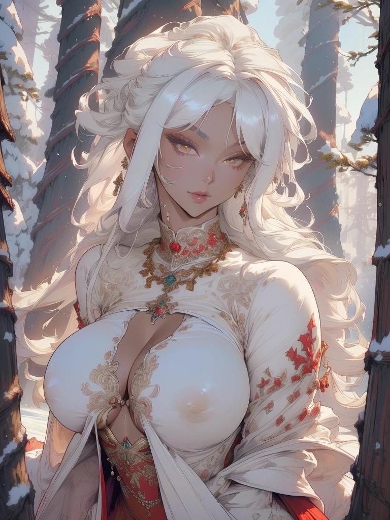 woman,1female,((milf,mom,mature,mature woman,4 female,adult)),(large breasts:1.5),saggy breasts,(((white hair:1.4,straight hair,long hair:1.4,colored inner hair))),((yellow_eyes:1.3)),intricate eyes,beautiful detailed eyes,symmetrical eyes,((((dark skin:1.4,lustrous skin:1.5,bright skin: 1.5,skin tanned,shiny skin,very shiny skin,shiny body,illuminated skin)))),(spider lower abdomen,narrow waist,wide hip,bimbo body,inflated legs,thick thighs,delicate detailed fingers),(((detailed face))),
cute,slutty,sensual,seductive look,seductive,((erotic)),opulent,sumptuous,longingly,((nsfw)),
queen,goddess,fantasy,(beautiful winter silver clothes,silver silk),((strapless red dress,very long red skirt,red dress)),(silver clothes),(((ice jewelry,intricate necklace,christmas jewelry,detailed outfit))),cleavage,silver silk,((eyeshadow,elegant makeup,eyelid makeup,gold lips,gold lipstick)),((Transparent cloth:1.1)), (((Sexy white fur coat, white fur coat outfit, wearing a white fur coat:1.3,winter white coat))),red gloves,(((intricate outfit,intricate clothes,embroidered outfit,ornate outfit,embroidered clothes,ornate clothes))),
(dynamic pose:1.0),embarrassed,(centered,scale to fit dimensions,Rule of thirds),
((snowy pine forest)),winter,scenery:1.25,((intricate scenery)),((snow forest background)),Christmas tree,
(Glossy winter ornaments),highres,sharp focus,(ultra detailed,extremely detailed),(photorealistic artwork:1.37),(extremely detailed CG unity 8k wallpaper),(((vibrant colors,vibrant theme))),(intricate),(masterpiece),(best quality),