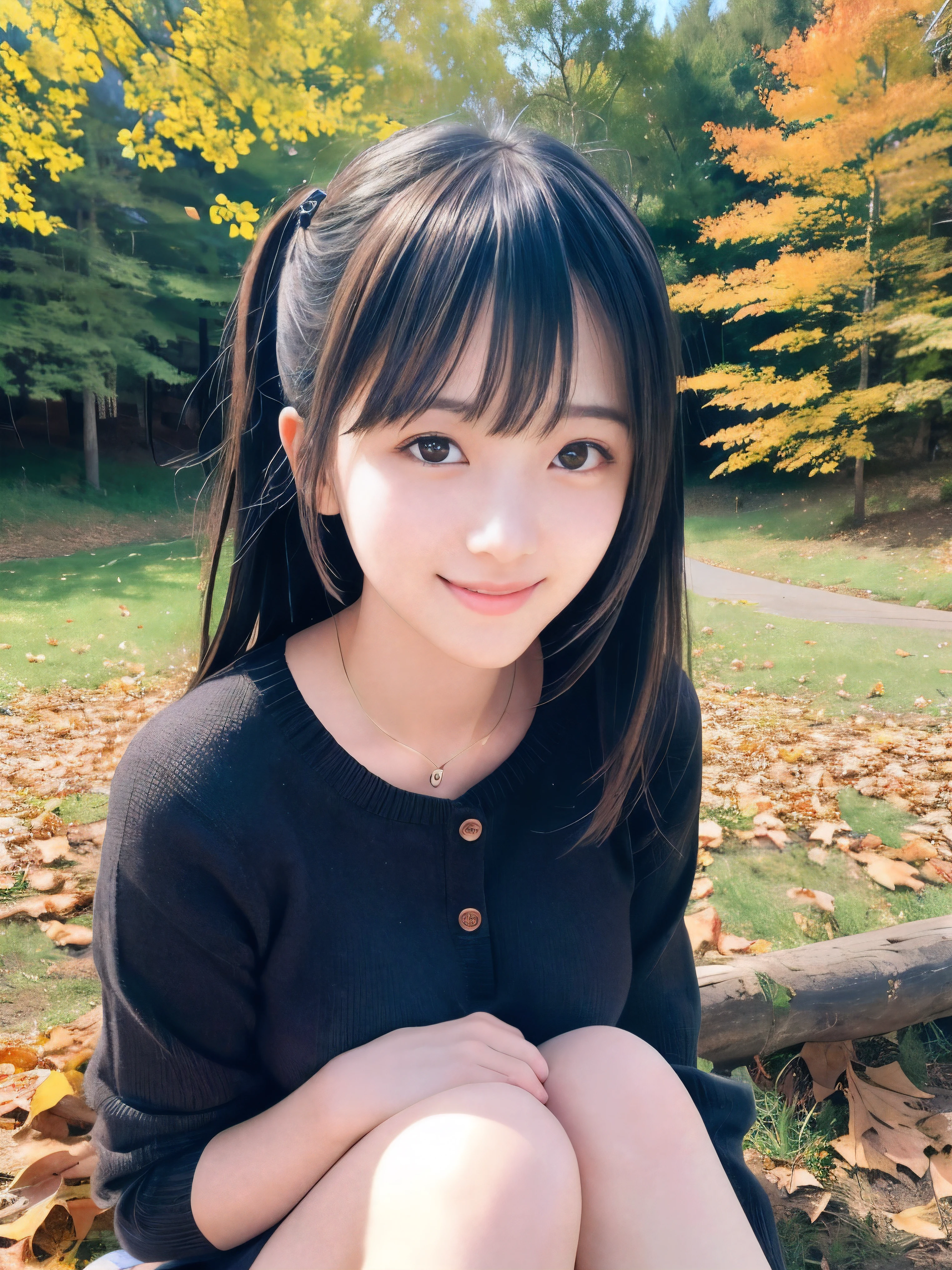 (Close up face shot of one slender small breasts two side up black medium hair with bangs girl in a autumn fashion shirt and sweater:1.5)、(One girl is leaning forward with happy smile on the dart road near the lake and big waterfall:1.5)、(Beautiful autumn leaves and mountain view:1.5)、(Natural light:1.5)、(8k ultra detailed master piece:1.5)、(perfect anatomy:1.5)、(Photorealistic stick:1.5)、(Raw photo:1.3)、(highest quality:1.5)、(High resolution:1.3)、(Delicate and beautiful perfect face:1.3)、(Delicate and beautiful eye air skin:1.3)、(Real Human Skin:1.3)、((thin legs))