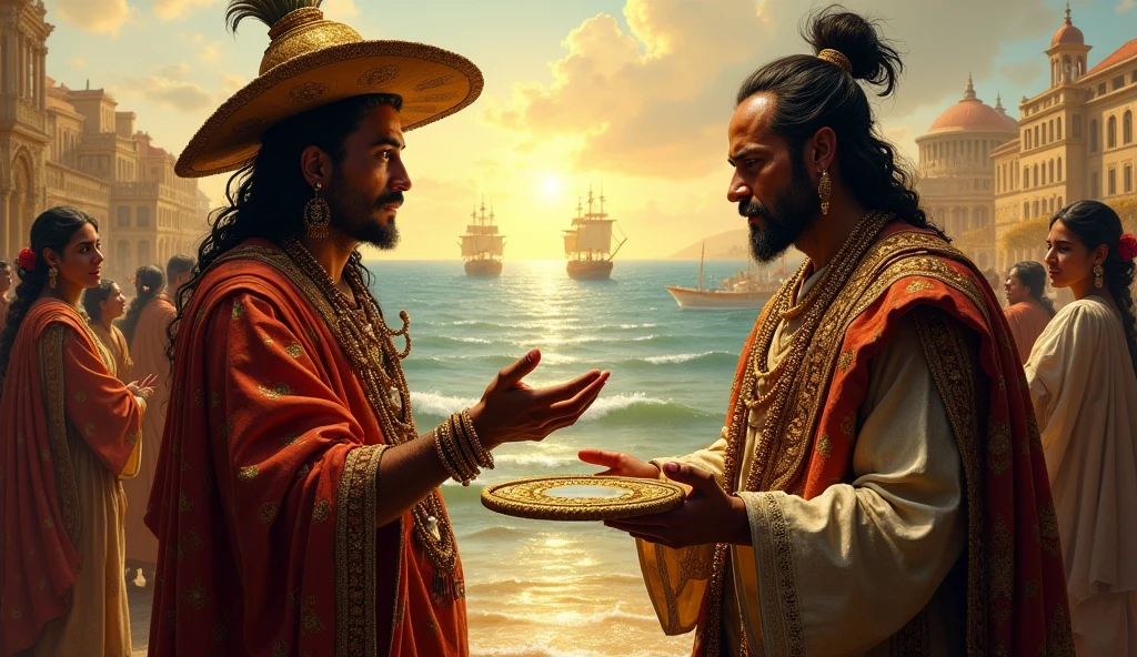 I want an Indian exchanging gold for a mirror with Pedro Alvares Cabral