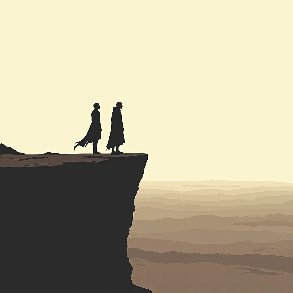 Create an image of 2 men in the form of shadows, they are wearing normal clothes, standing on a cliff in a desert. Title (all in)