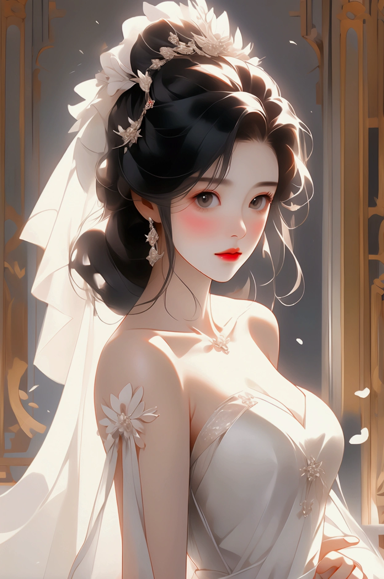 wedding gown，gigantic cleavage breasts，cleavage，White skin of the