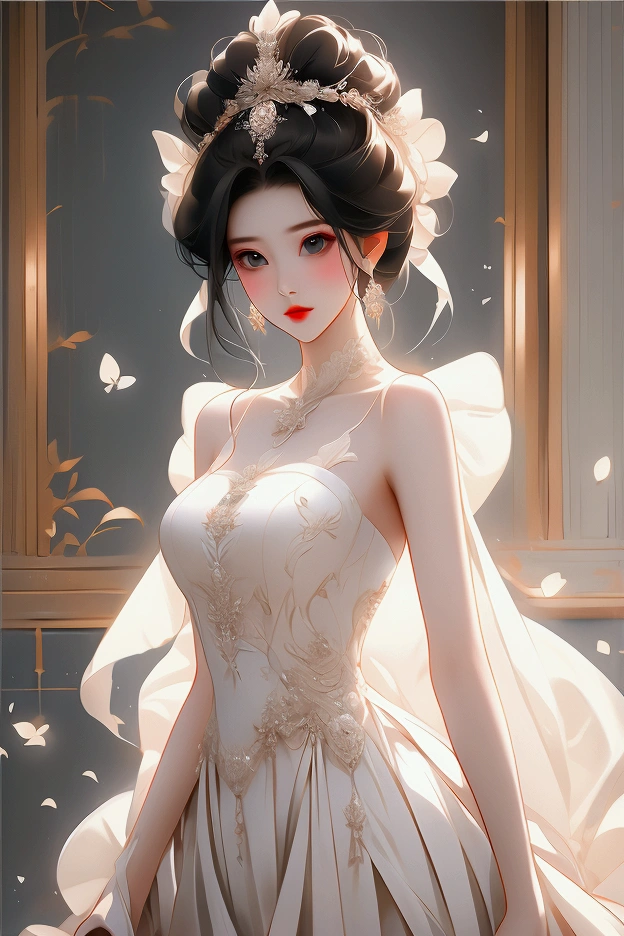 A beautiful woman with short, black hair。Fantastic white wedding dress