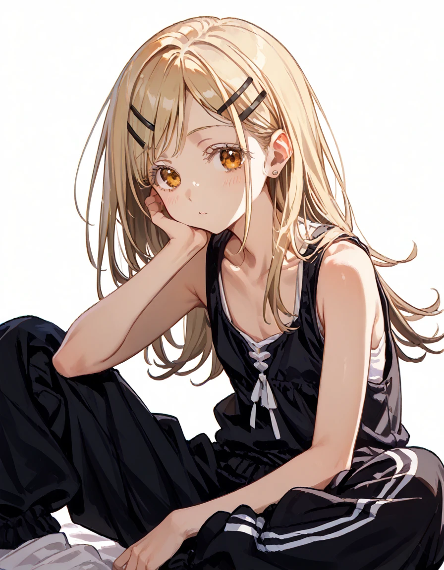 shinosawa hiro,slender,amber eyes,white eyelash,blonde hair,long hair,hairclip,white background,flat chest,black vest,black pants,baggy pants,head rest