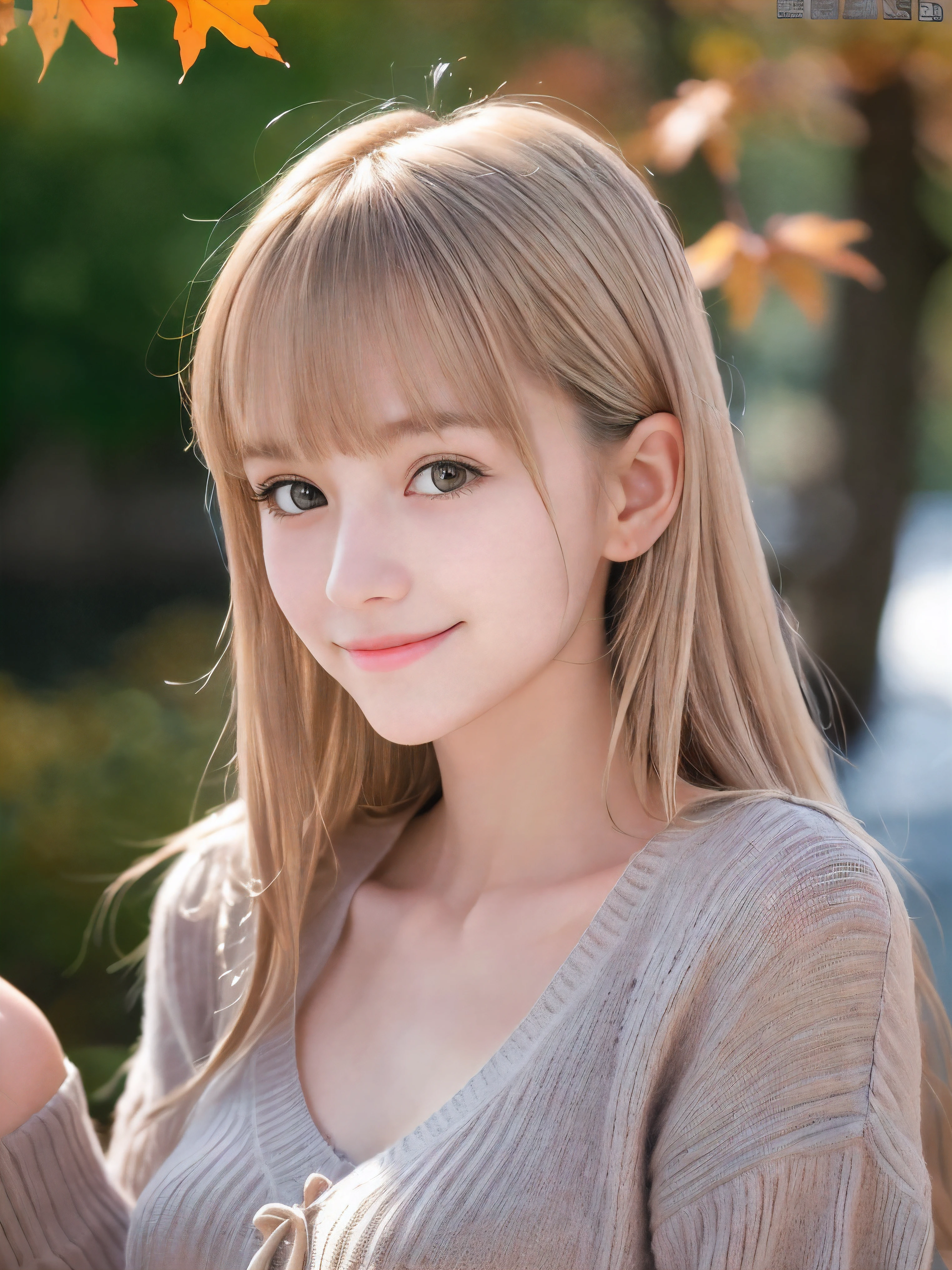 (Close up face shot of one slender small breasts half up blonde long hair with bangs girl in a autumn fashion shirt and sweater:1.5)、(One blonde hair girl is leaning forward with small smile on the dart road near the lake and big waterfall:1.5)、(Beautiful autumn leaves and mountain:1.5)、(Natural light:1.5)、(8k ultra detailed master piece:1.5)、(perfect anatomy:1.5)、(Photorealistic stick:1.5)、(Raw photo:1.3)、(highest quality:1.5)、(High resolution:1.3)、(Delicate and beautiful perfect face:1.3)、(Delicate and beautiful eye air skin:1.3)、(Real Human Skin:1.3)、((thin legs))