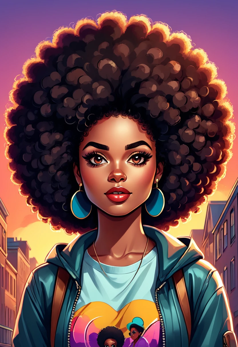 Cartoon image of a woman with a big afro hair, super cute funky black girl, cartoon style illustration, cartoon art style, cartoon art style, in digital illustration style, highly detailed character design, cute detailed digital art, urban fanart, character design portrait, beautiful digital illustration, high quality portrait, cartoon art, afro, character design portrait