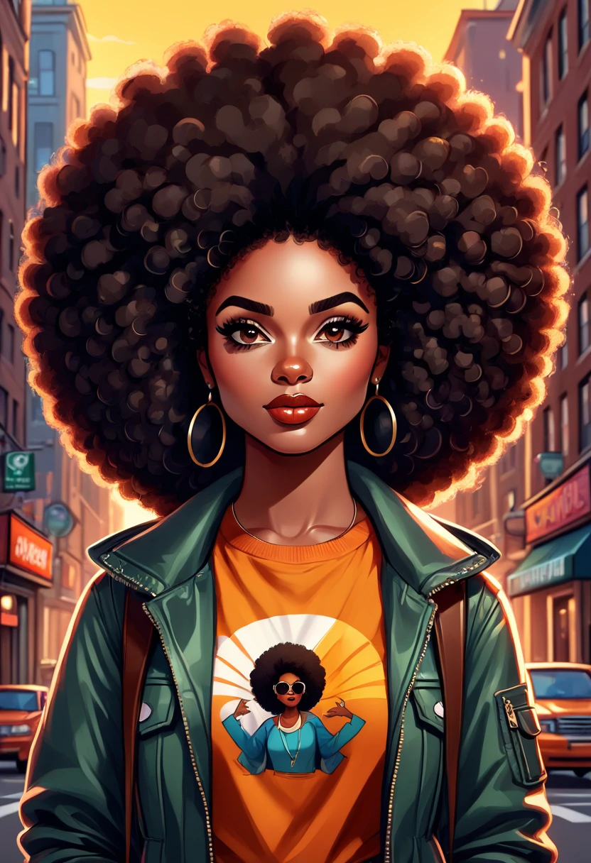 Cartoon image of a woman with a big afro hair, super cute funky black girl, cartoon style illustration, cartoon art style, cartoon art style, in digital illustration style, highly detailed character design, cute detailed digital art, urban fanart, character design portrait, beautiful digital illustration, high quality portrait, cartoon art, afro, character design portrait