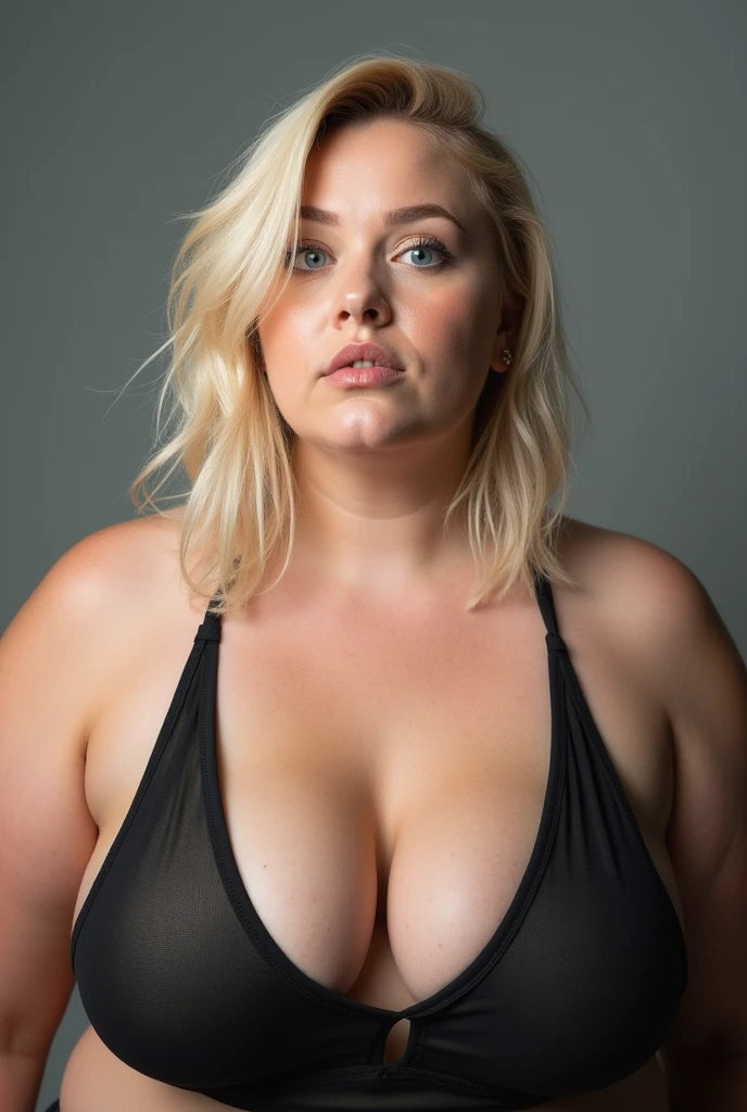 A 2 obese fat pale blonde blue eyed woman wearing a trashy top, proffessional light, photostudio
