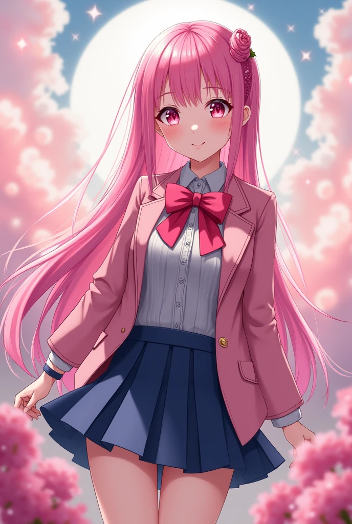 pink hair, be happy, smile, pink short hair, smooth and straight, pink eyes,Beth.,Spiritual World,((table top)),((best quality)), 1 girl comes in, jacket, (alone:1.6), hair accessories, pink eyes, bow, bow tie, pink bow tie, fashion suit jacket, Pink bow, look at viewer, Gray sweater, Blue school uniform, coat, Blue pleated mini skirt , (simple background:1.6), (white background:1.6) (realistic, realistic,:1.1) Dynamic angle, Random pose