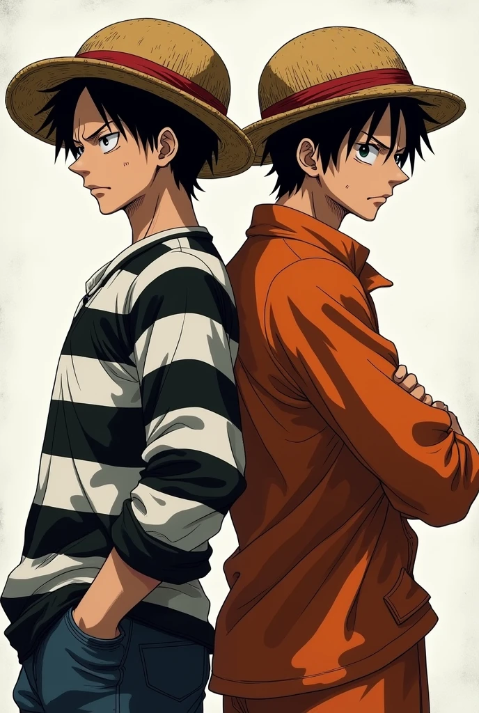 Monkey D. Luffy in a black and white striped long-sleeved prison uniform and Monkey D. .... Luffy in orange long-sleeved prison uniform