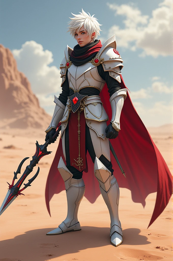Bell Cranel white hair ruby red eyes white teas white light armor with red details , black scarf red cape , black bone and red eye necklace , hestia knife , unicorn horn knife , spear of artemis , desert