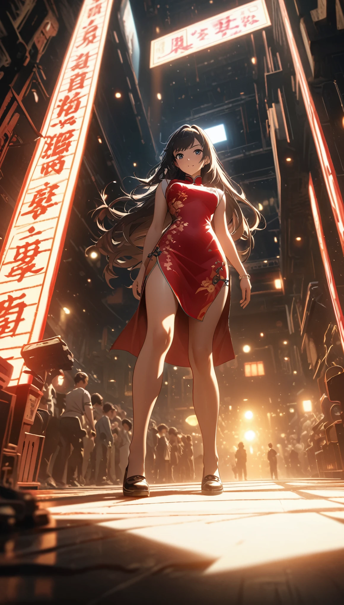Cheongsam Girl,Long Hair,Pure white background,Depth of written boundary,Low angle view,Calf Level View,Overclocked Renderer,Cinema Lighting,Ultra-fine,Very detailed,complicated,Cinematic Perspective,CG Art,Side zipper