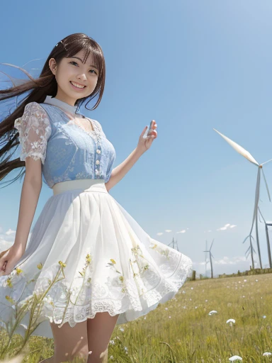 Japanese female, (underweight), (medium bust best quality:1.0), 30 years old, (cheerful grin:1.3),
Tulle lace white skirt Flowers and grass meadow, wide-angle, ((hands up)), lowing long hair, bright color Clothes, blue sky, (wind:1.6),