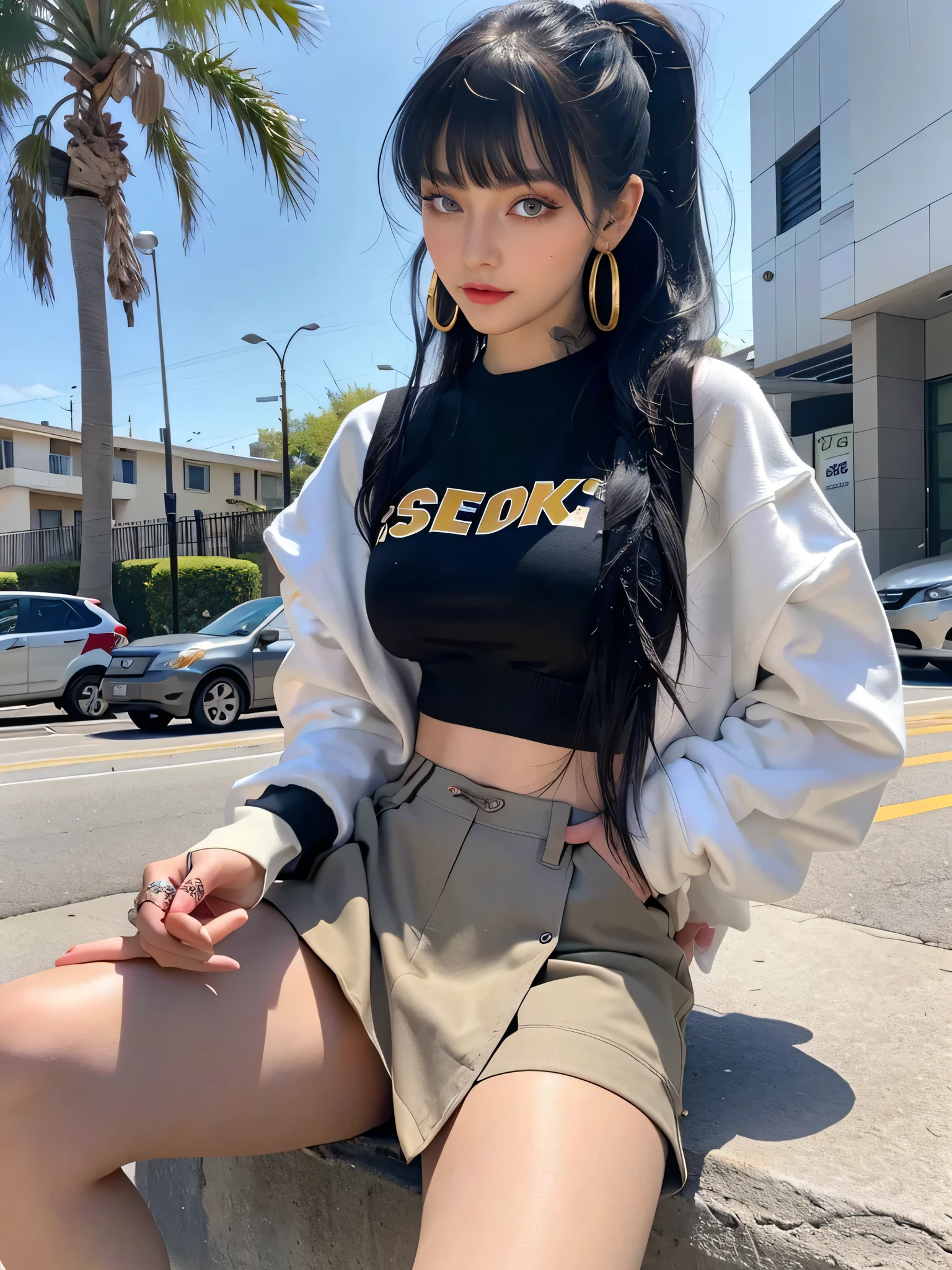 A sensitive 20-year-old girl、Fair skin, Long black hair with bangs, Earrings, Tattoo on belly, Thick thighs, Wearing a sweatshirt, cargo pants, Looking at the camera Big breasts, Golden Eyed Girl, skirt、Beautiful eyeballs、ponytail, Waiting for a boyfriend、happiness/joy, Bright Eyes, 