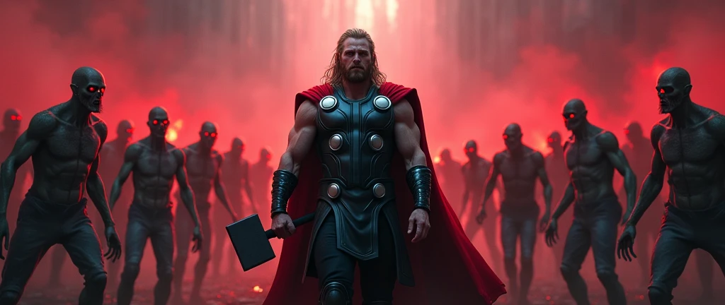 Thor Surrounded by Zombies: Thor in the center, surrounded by zombies on all sides, with a fierce look and ready to fight. Background with red and black tones to intensify the atmosphere of danger.