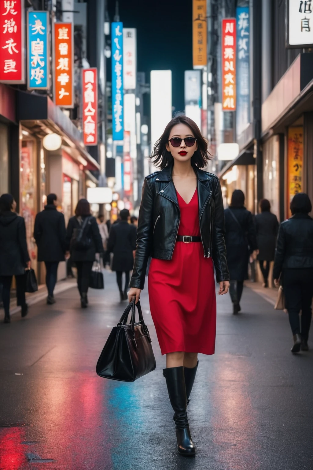 A stylish woman walks down a Tokyo street filled with warm glowing neon and animated city signage. She wears a black leather jacket, a long red dress, and black boots, and carries a black purse. She wears sunglasses and red lipstick. She walks confidently and casually. The street is damp and reflective, creating a mirror effect of the colorful lights. Many pedestrians walk about