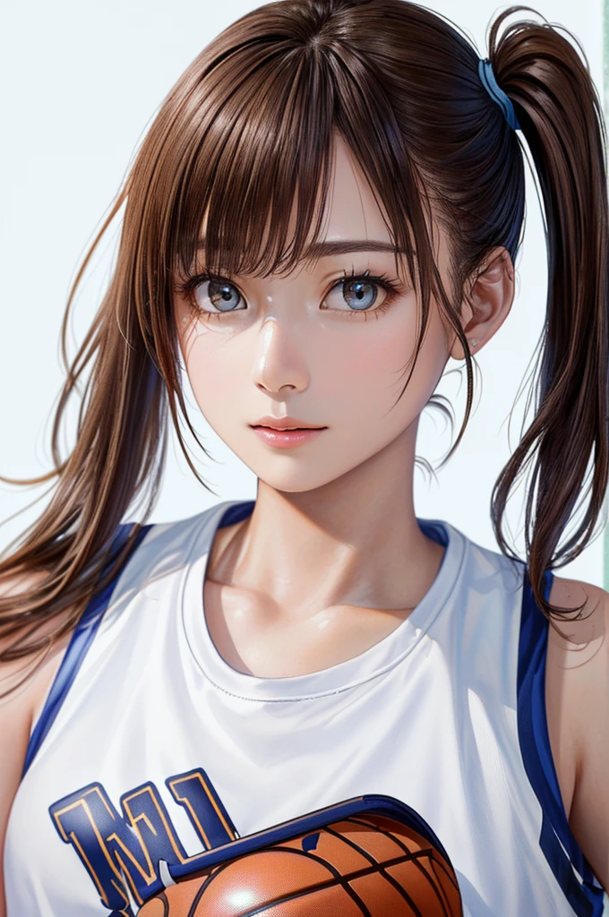 (((Frame In、Solo Shot、Pure white wall background、Highest quality、8k、32K、masterpiece)))、(Realistic)、(Realistic:1.2)、(High resolution)、Very detailed、Very beautiful face and eyes、1 person、Round and small face、Tight waist、Delicate body、(close、Highest quality、Attention to detail、Rich skin detail)、(Highest quality、8k、Oil paints:1.2)、Very detailed、(Realistic、Realistic:1.37)、Bright colors、(((Brown Hair)))、(((Brown hair)))、(((Side Ponytail)))、(((Cowboy Shot)))、(((Bob Hair)))、(((The bangs are uniform)))、(((Pure white wall background)))、(((Wearing a basketball uniform)))、(((Brown and light blue basketball outfit)))、(((Female face)))、(((1 female)))、(((Tank top style uniform)))、(((Sexy expression)))