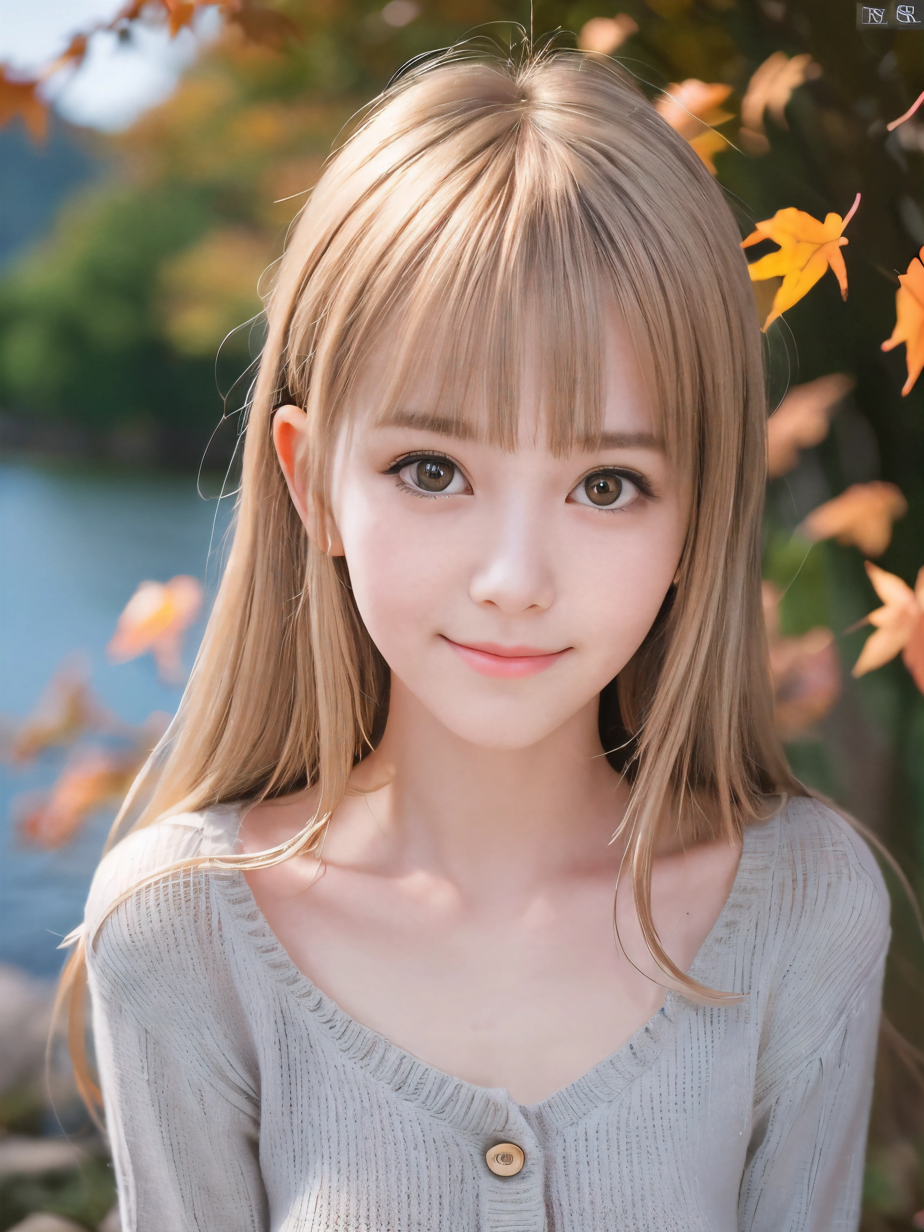 (Close up face shot of one slender small breasts half up blonde long hair with bangs girl in a autumn fashion shirt and sweater:1.5)、(One blonde hair girl is leaning forward with small smile on the dart road near the lake and big waterfall:1.5)、(Beautiful autumn leaves and mountain:1.5)、(Natural light:1.5)、(8k ultra detailed master piece:1.5)、(perfect anatomy:1.5)、(Photorealistic stick:1.5)、(Raw photo:1.3)、(highest quality:1.5)、(High resolution:1.3)、(Delicate and beautiful perfect face:1.3)、(Delicate and beautiful eye air skin:1.3)、(Real Human Skin:1.3)、((thin legs))