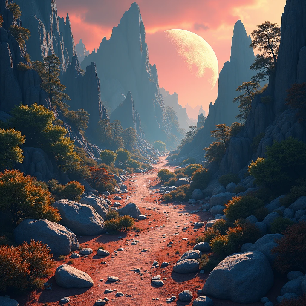 (Lunar World), Atmospheric Oliva lighting, 4k hdd, Dark atmosphere, Super detailed, Brightly colored forest background, A magnificent composition, Octane Rendering, Sharp focus, High resolution isometric drawing - ar 3:2