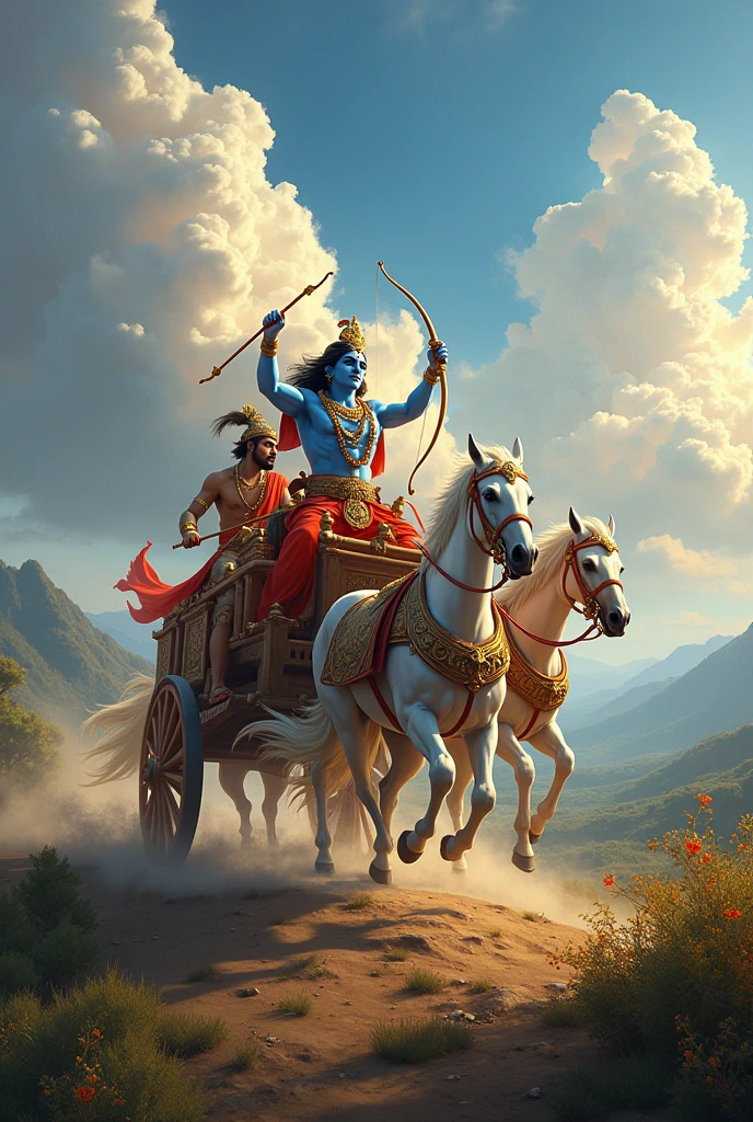 Lord krishna riding 7 horses chariat and Arjuna with bow and arrows