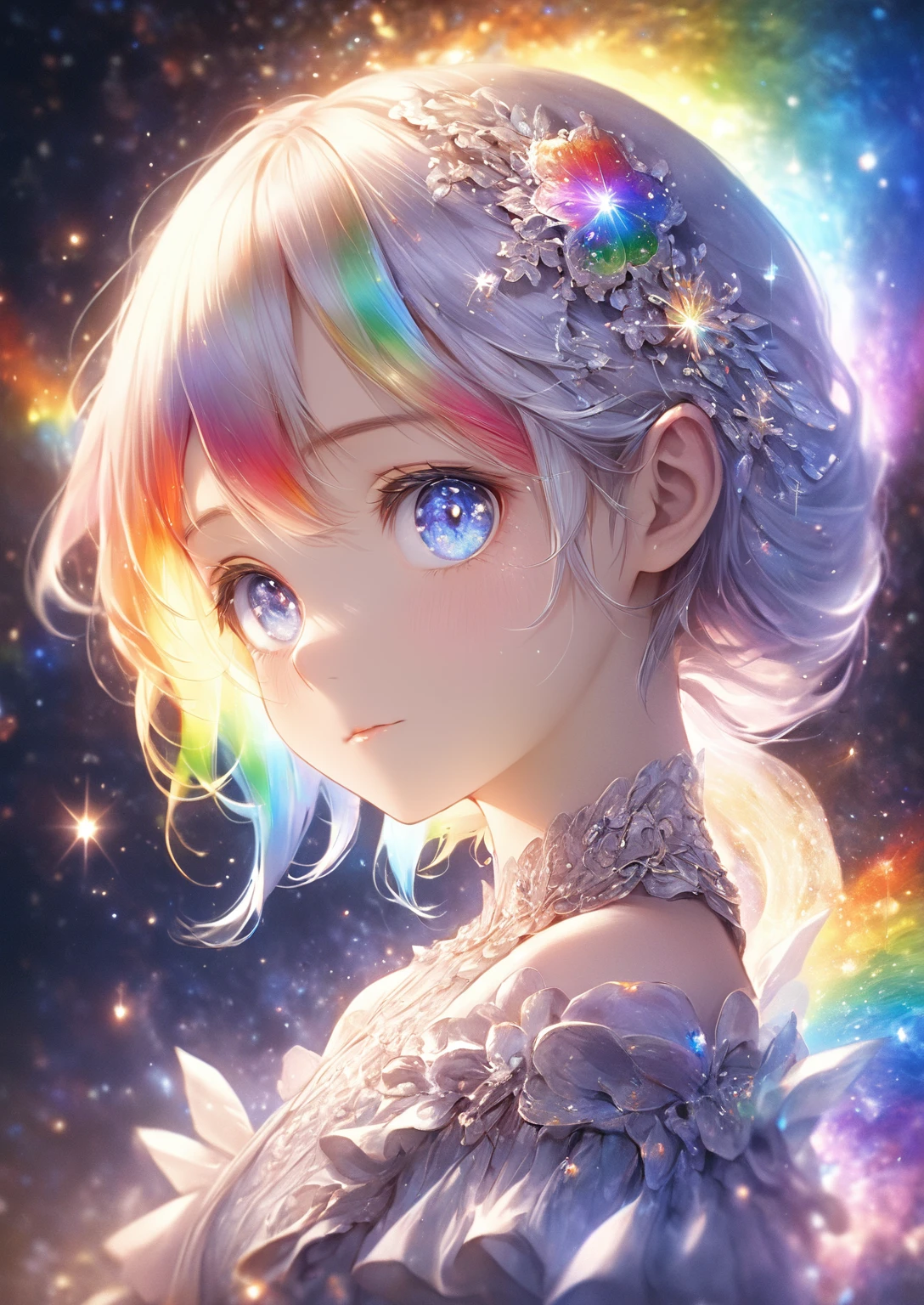 masterpiece, Awesome girl, cute, bust, Eye for detail, Perfect Eyes, Portraiture, A face with attention to detail, Same eyes, Glare, Rainbow colors, Global Illumination, Soft Light, Dream Light, Digital Painting, 8kクローズアップ, Fantasy, Night Sky, performer, nebula, White Crystal, moonlight, Tranquility, summer, (8k:1.1)