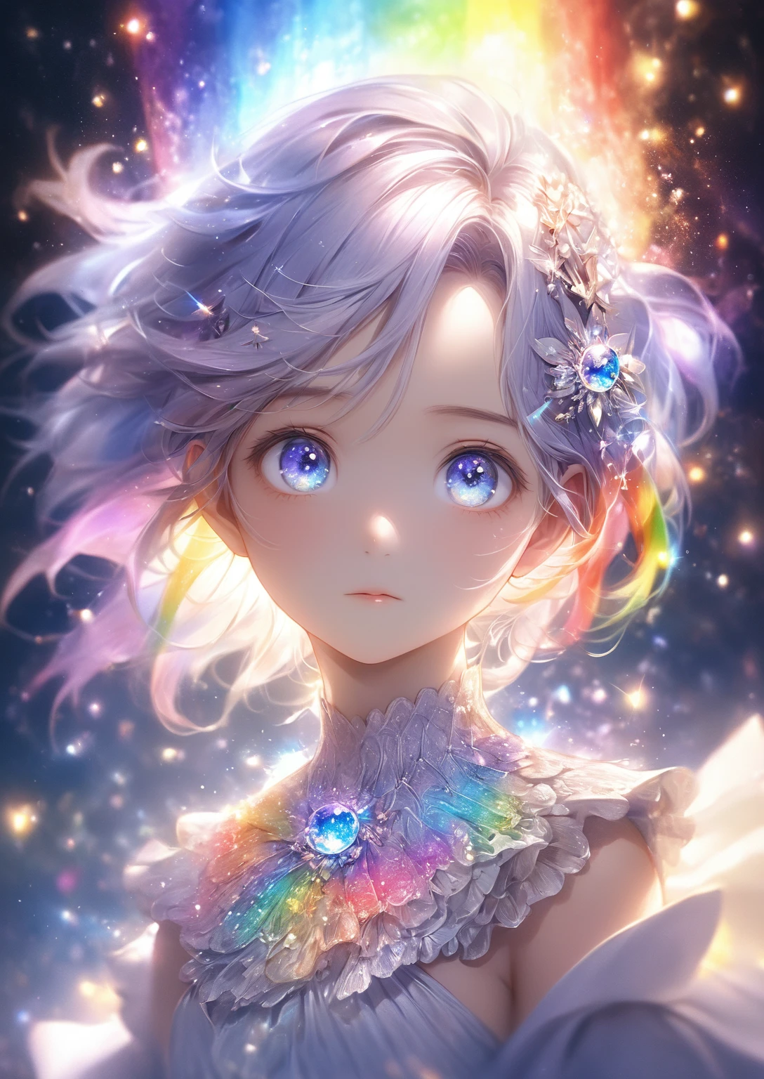 masterpiece, Awesome girl, cute, bust, Eye for detail, Perfect Eyes, Portraiture, A face with attention to detail, Same eyes, Glare, Rainbow colors, Global Illumination, Soft Light, Dream Light, Digital Painting, 8kクローズアップ, Fantasy, Night Sky, performer, nebula, White Crystal, moonlight, Tranquility, summer, (8k:1.1)