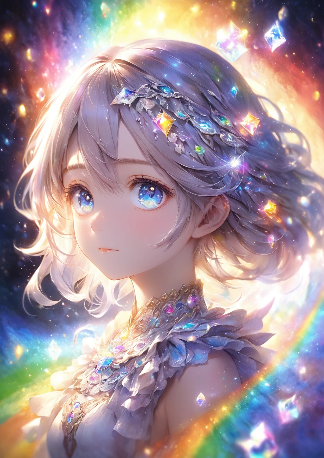 masterpiece, Awesome girl, cute, bust, Eye for detail, Perfect Eyes, Portraiture, A face with attention to detail, Same eyes, Glare, Rainbow colors, Global Illumination, Soft Light, Dream Light, Digital Painting, 8kクローズアップ, Fantasy, Night Sky, performer, nebula, White Crystal, moonlight, Tranquility, summer, (8k:1.1)