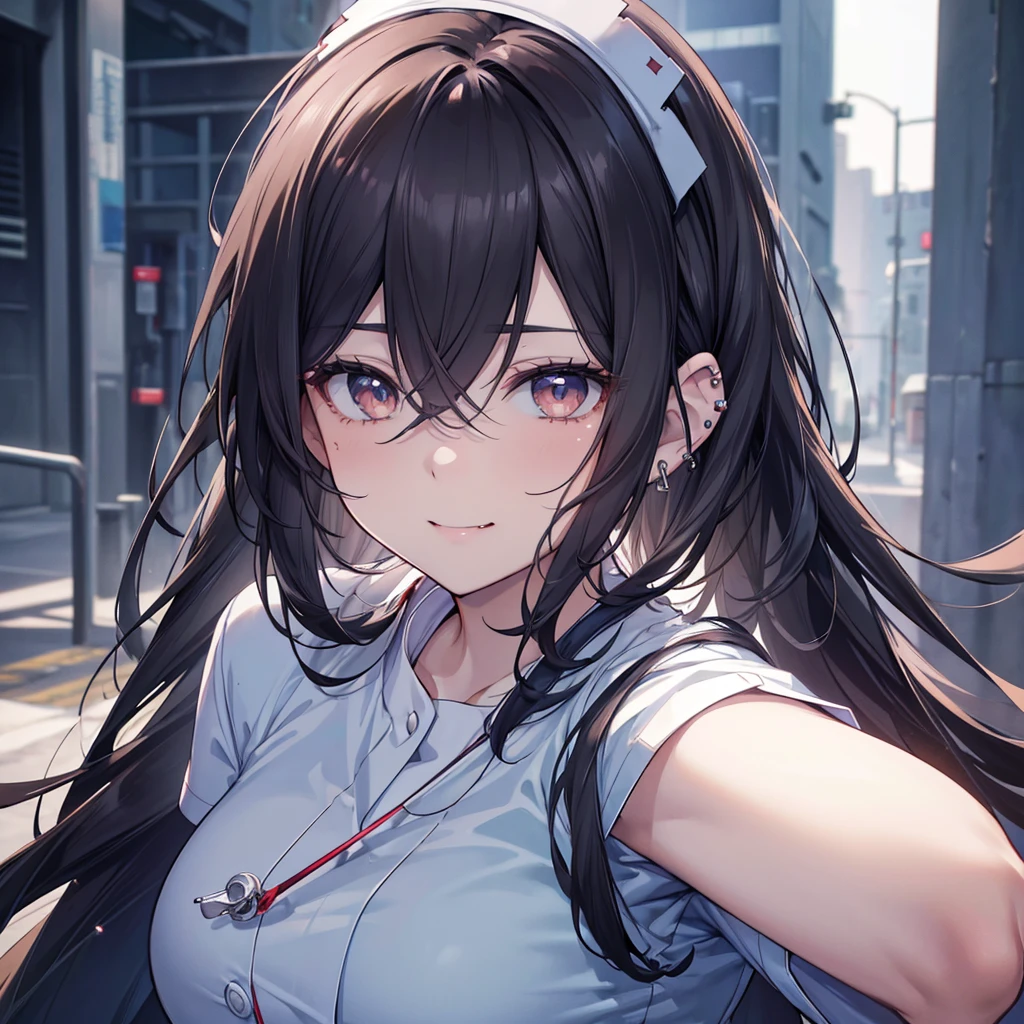 pale blue scrub clothing, a nurse aide with long dark hair, piercing gaze, and a stern expression, full body view, high resolution, detailed, anime-style illustration, beautiful black hair, almond-shaped eyes, brown eyes, looking down with an intense, psychotic demeanor, large breasts, no piercings, (best quality,4k,8k,highres,masterpiece:1.2),ultra-detailed,(realistic,photorealistic,photo-realistic:1.37), Background White, cute fang, smile,