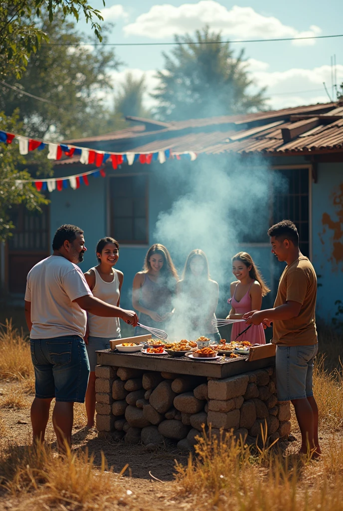 Image of people making a barbecue during the Chilean national holidays in a house that is neglected with dry grass in the year 2024, with decoration of Chilean flags in the form of garlands